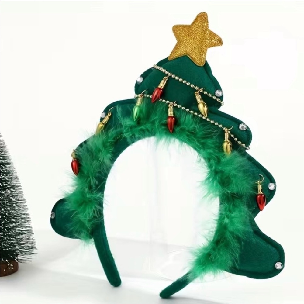 Green Christmas Tree Headband with Multicolored Tiny Ornaments